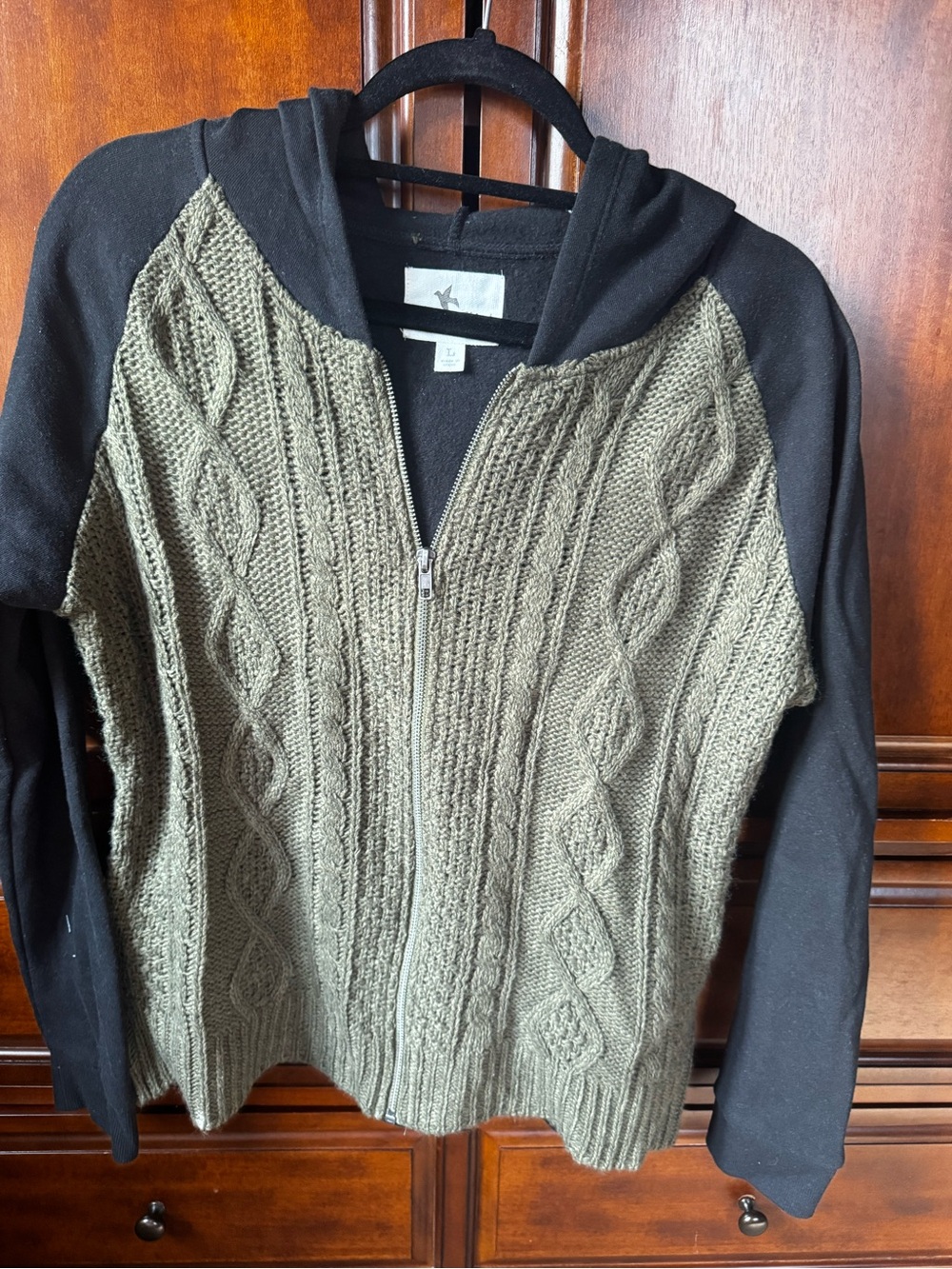 Others Follow Olive Green Cable Knit Zip Hoodie with Black Sleeves